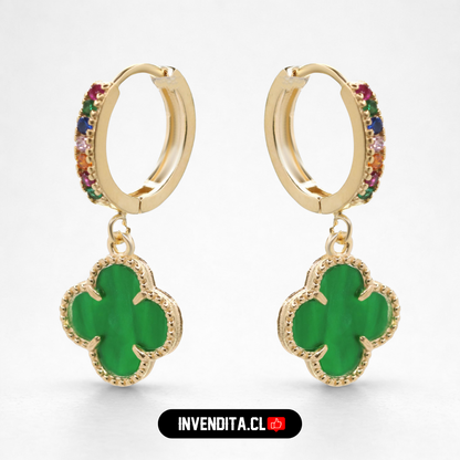 Aros enchapados en oro argollas con placa flor verde