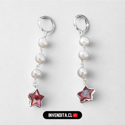 Aros de plata 925 perlas con estrella roja
