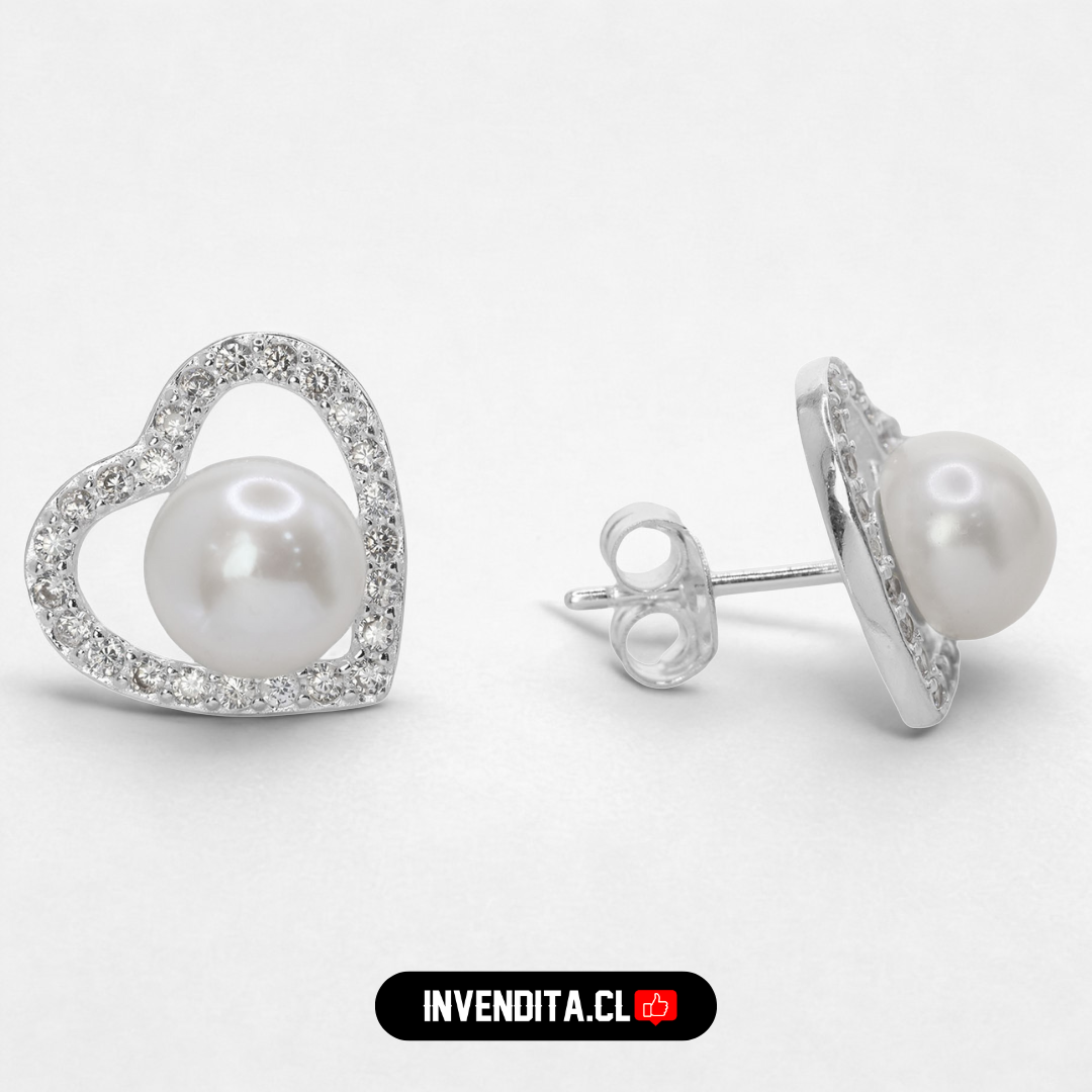 Aros de plata 925 diseño corazón de circones con perla