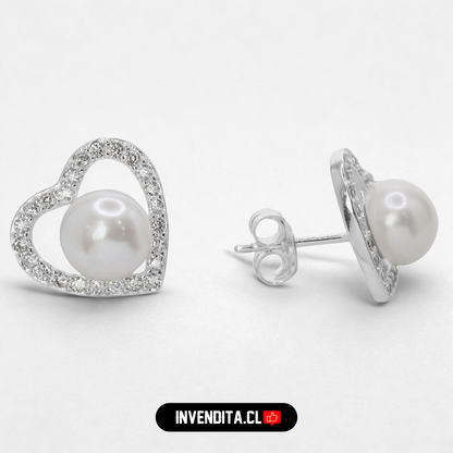 Aros de plata 925 diseño corazón de circones con perla