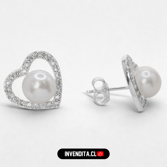 Aros de plata 925 diseño corazón de circones con perla