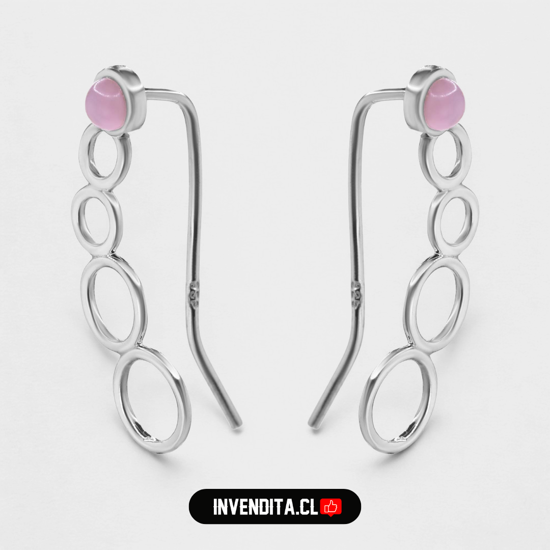 Aros de plata 925 trepadores de círculo con piedra de cuarzo rosa