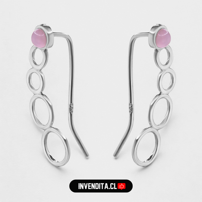 Aros de plata 925 trepadores de círculo con piedra de cuarzo rosa