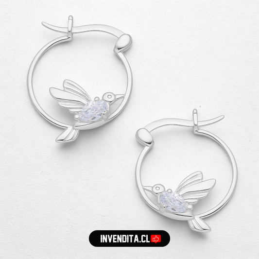 Aros de plata 925 diseño colibrí con circón y broche criollo