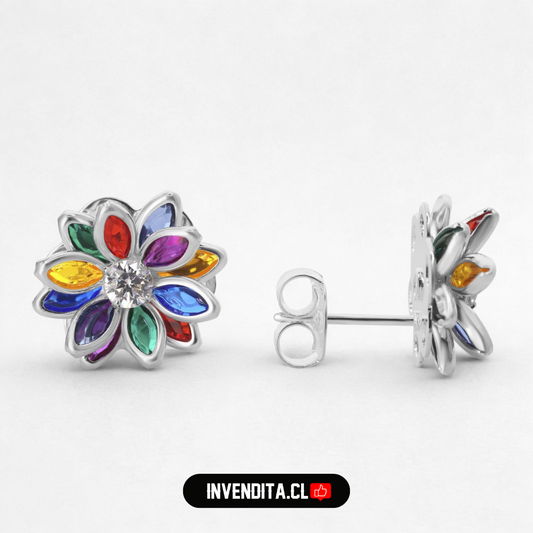 Aros enchapados en plata diseño flor de circones