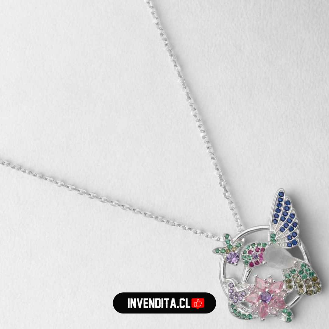 Collar de plata 925 colibrí con flores y circones de colores