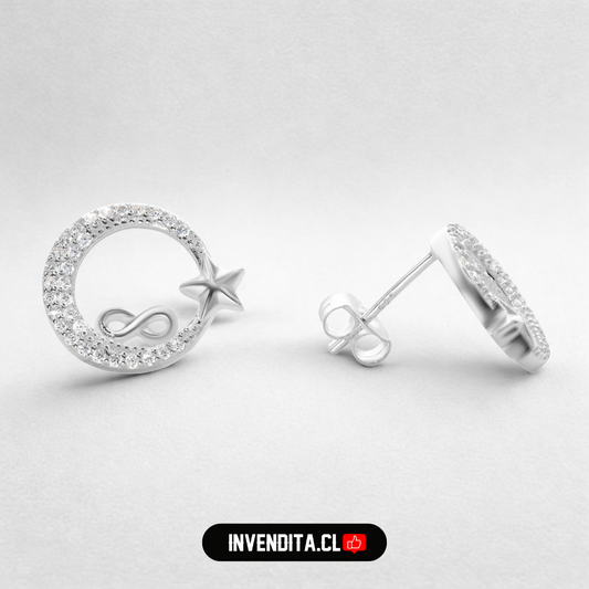 Aros de plata 925 diseño luna de estrella e infinito con circones