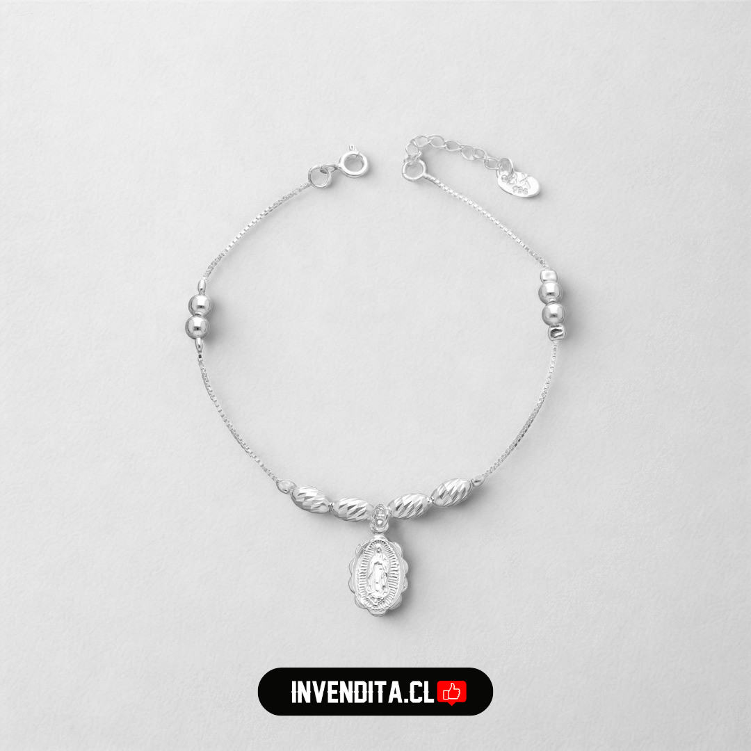 Pulsera de plata 925 esferas y óvalos con la figura de la virgen de Guadalupe