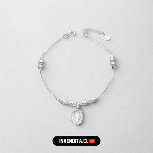 Pulsera de plata 925 esferas y óvalos con la figura de la virgen de Guadalupe