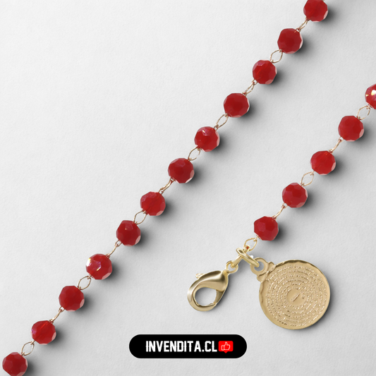 Pulsera enchapada en oro placa Padre Nuestro con cristales rojos