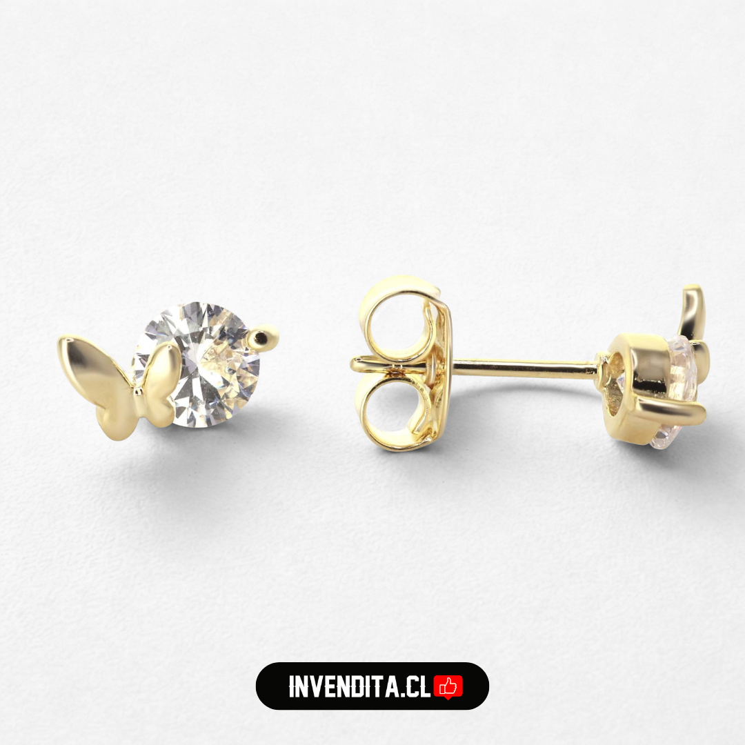 Aros enchapados en oro diseño circón con mariposa horizontal