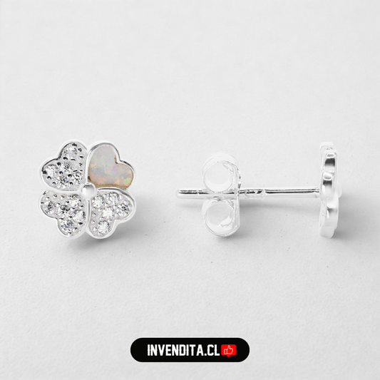 Aros de plata 925 diseño trébol con circones y ópalo australiano