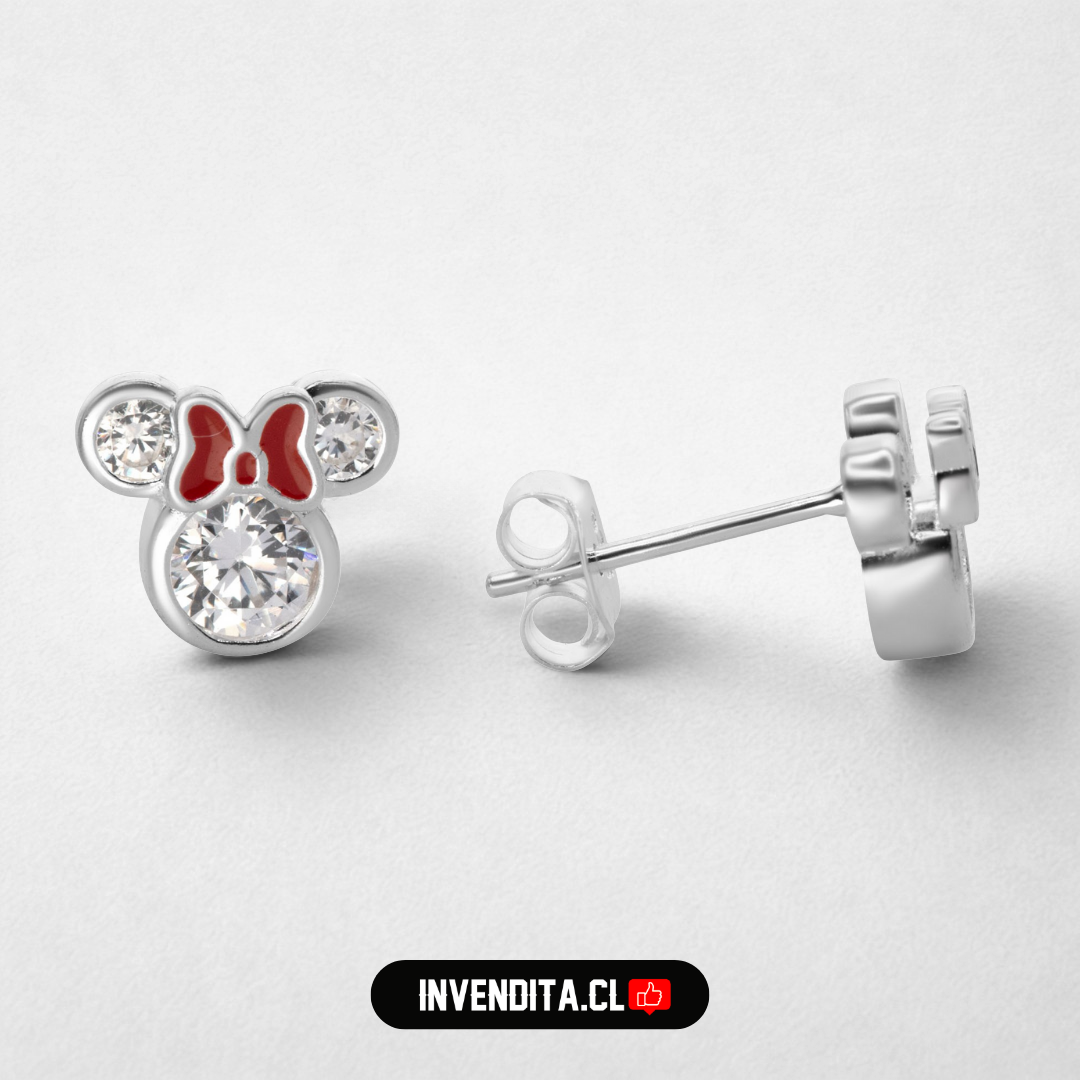 Aros de plata 925 diseño Minnie Mouse con circones y listón esmaltado