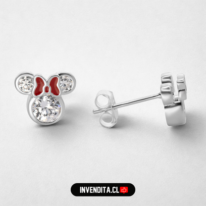 Aros de plata 925 diseño Minnie Mouse con circones y listón esmaltado