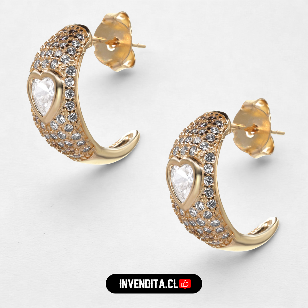 Aros enchapados en oro rosado semi argollas con circones y corazón