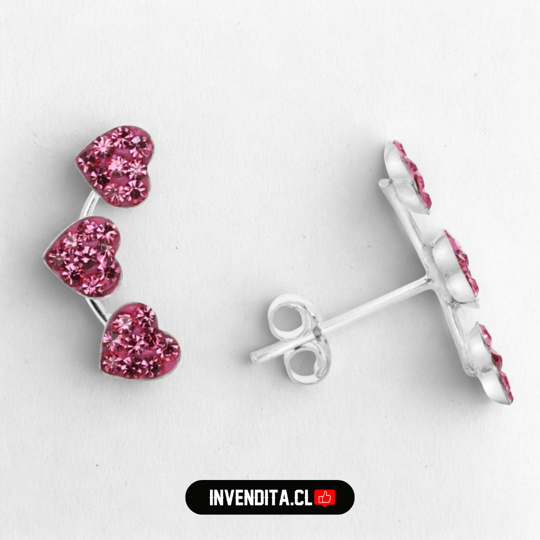 Aros de plata 925 trío corazón strass rosa
