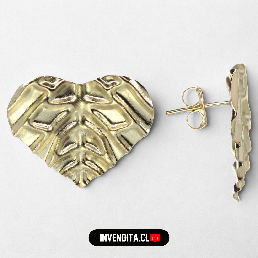 Aros enchapados en oro diseño hoja corazón con relieve