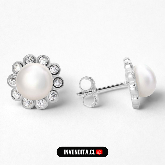 Aros de plata 925 diseño pétalos de circones y perla
