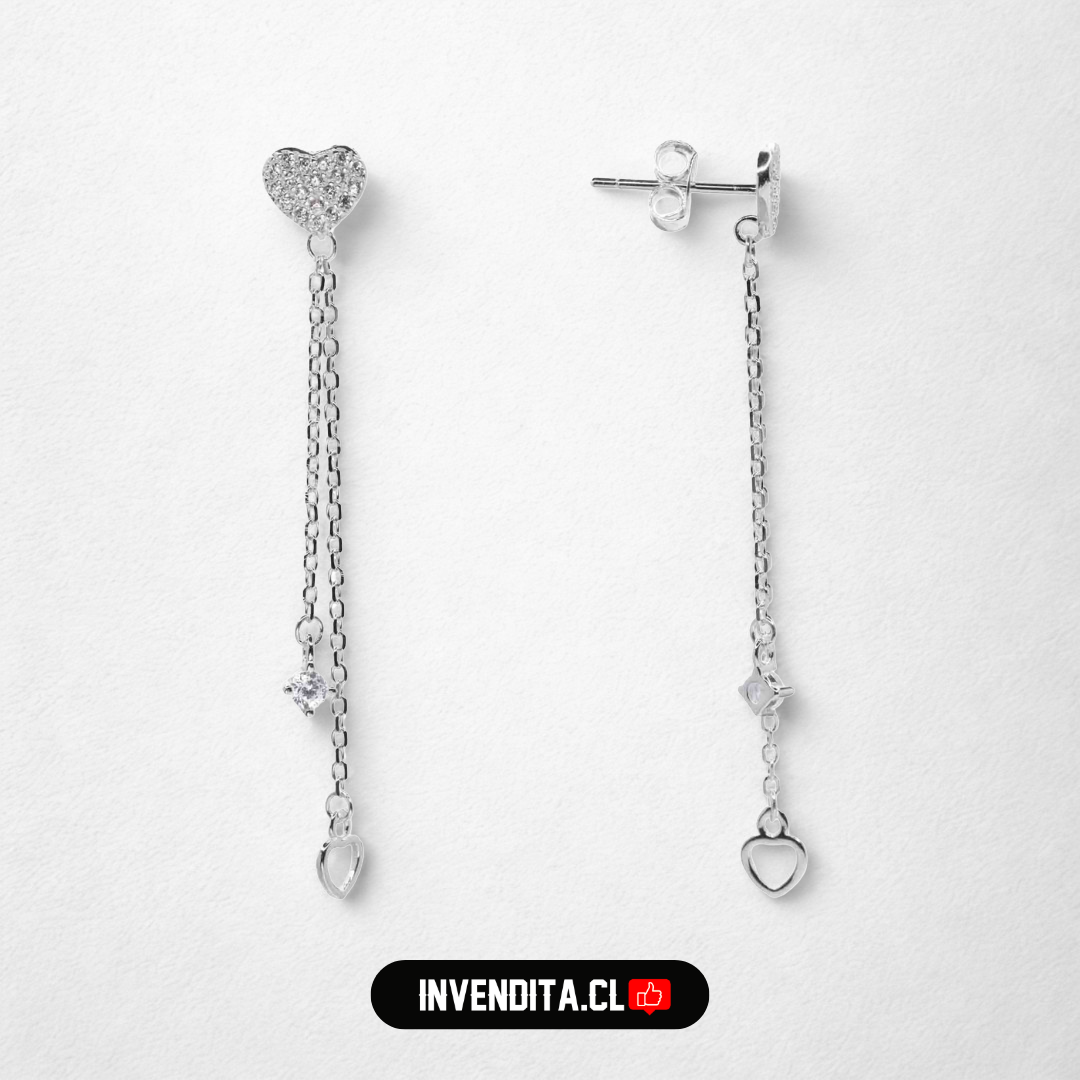 Aros de plata 925 diseño corazones con circones doble cadena