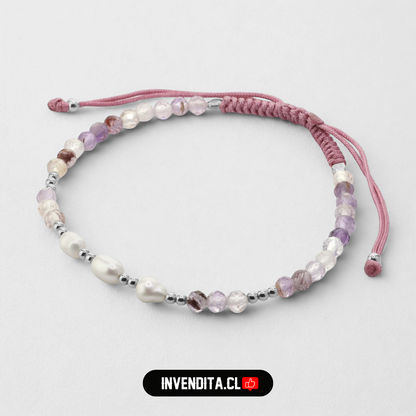 Pulsera de Plata 925 Macramé color Palo de Rosa con Cristales, Esferas y Piedras de Río