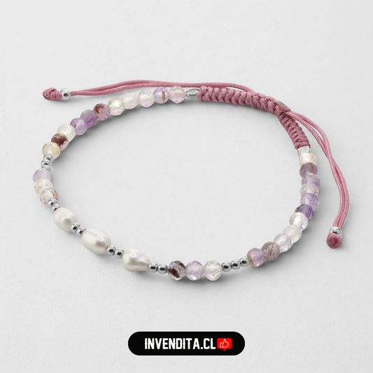 Pulsera de Plata 925 Macramé color Palo de Rosa con Cristales, Esferas y Piedras de Río