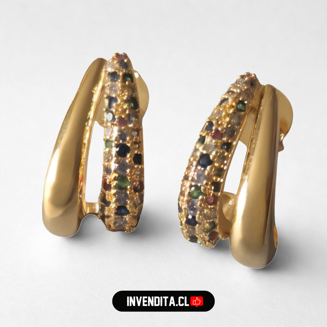 Aros enchapados en oro estilo en V con banda de circones de colores