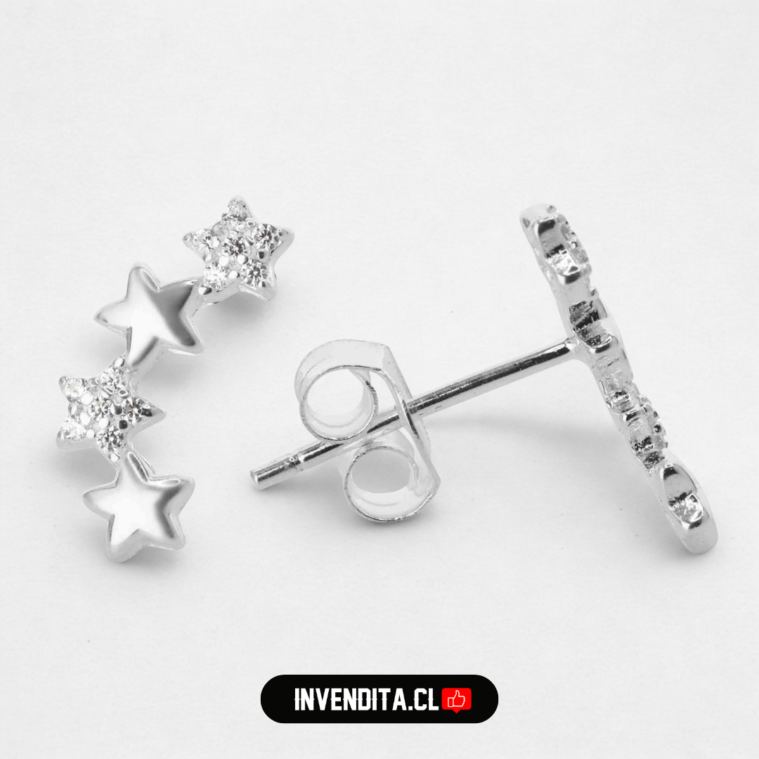 Aros de Plata 925 estilo trepador de estrellas lisas y circones
