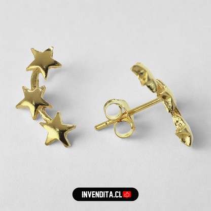 Aros de plata 925 trío de estrellas bañadas en oro
