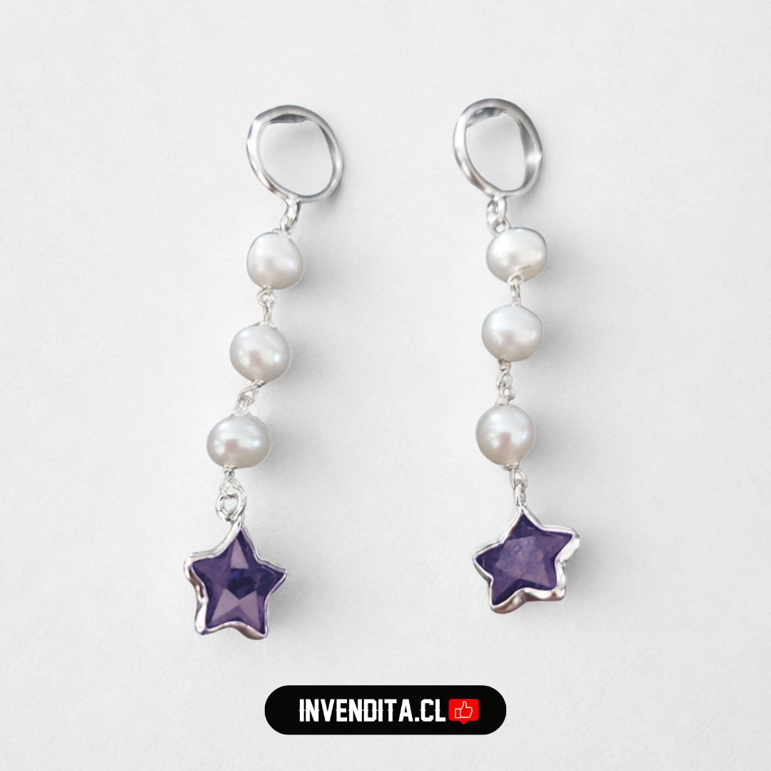 Aros de plata 925 perlas con estrella lila