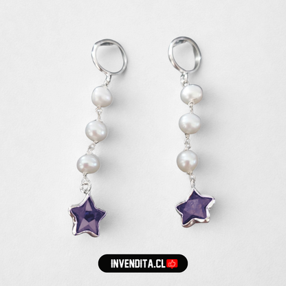 Aros de plata 925 perlas con estrella lila