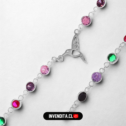 Pulsera de plata 925 diseño colibrí con botones de circones de colores
