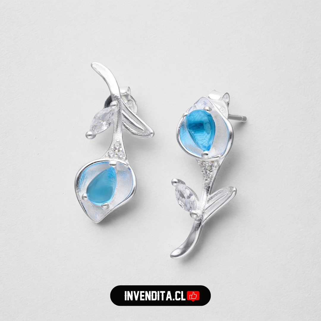 Aros de plata 925 flor con circones y cristal celeste