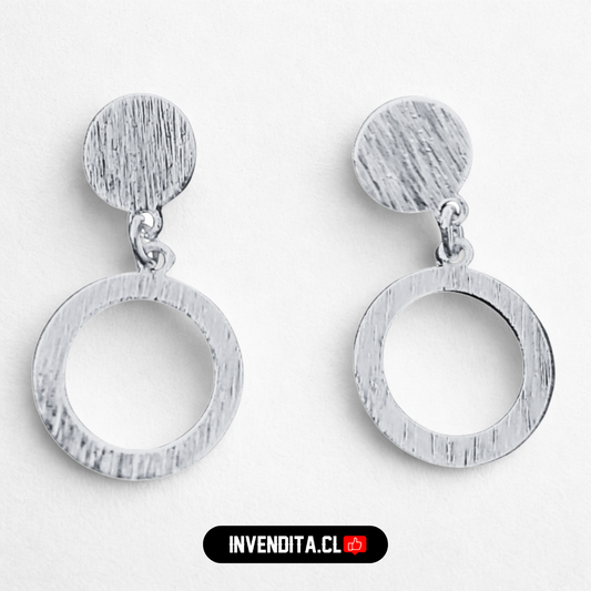 Aros de plata 925 doble placa circular satinada con mini cadena