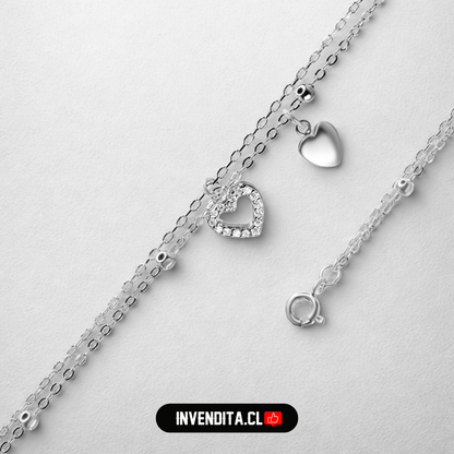 Tobillera de plata 925 doble cadena con colgantes corazón y circones
