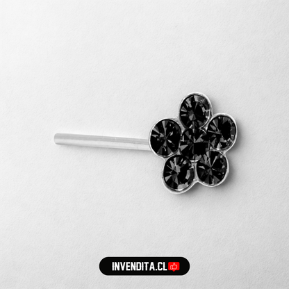 Aros de plata 925 piercing flor con circones negros