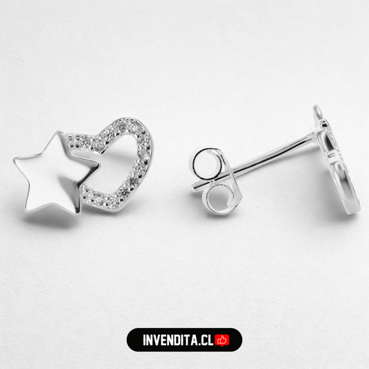 Aros de plata 925 corazón de circones y placa de estrellas