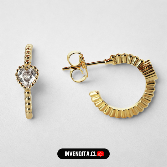 Aros enchapados en oro semi argolla con circón de corazón