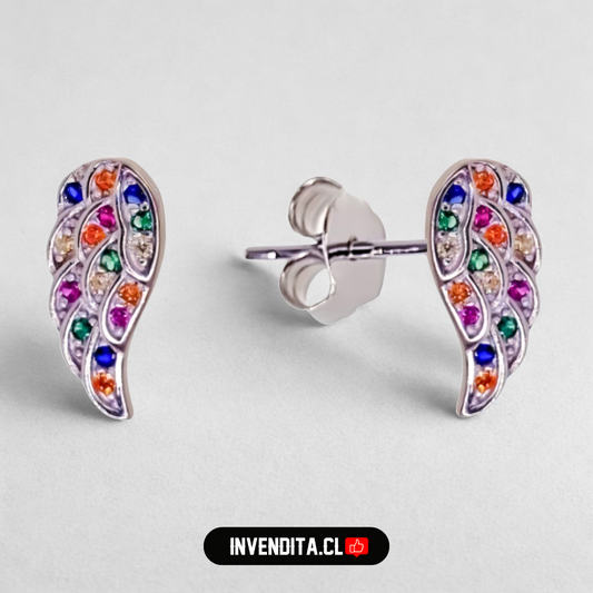 Aros de plata 925 pequeñas alas con circones de colores