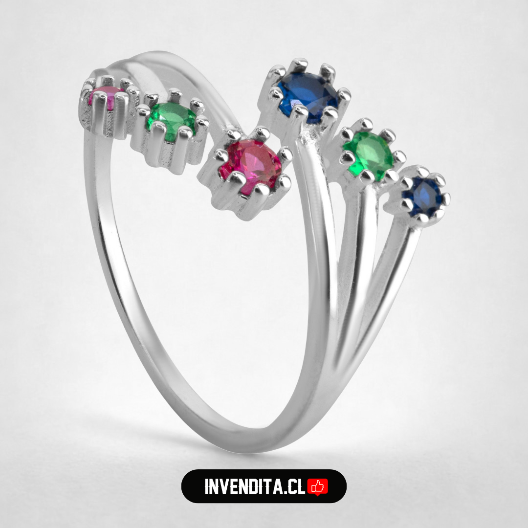 Anillo de plata 925 estilo abierto con puntos de flor de circones de colores