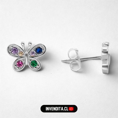 Aros de plata 925 mariposa con circones de colores