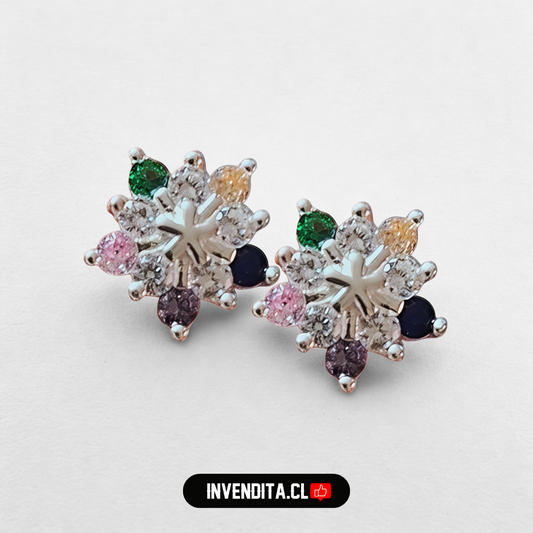 Aros de plata 925 flor de estrellas con circones de colores