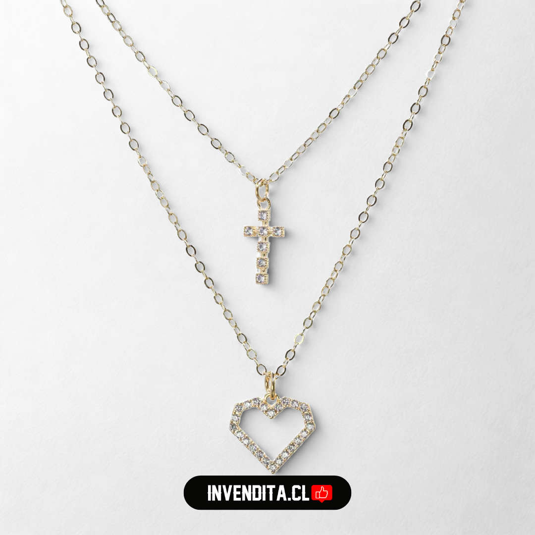 Collar enchapado en oro doble corazón y cruz de circones