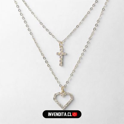 Collar enchapado en oro doble corazón y cruz de circones
