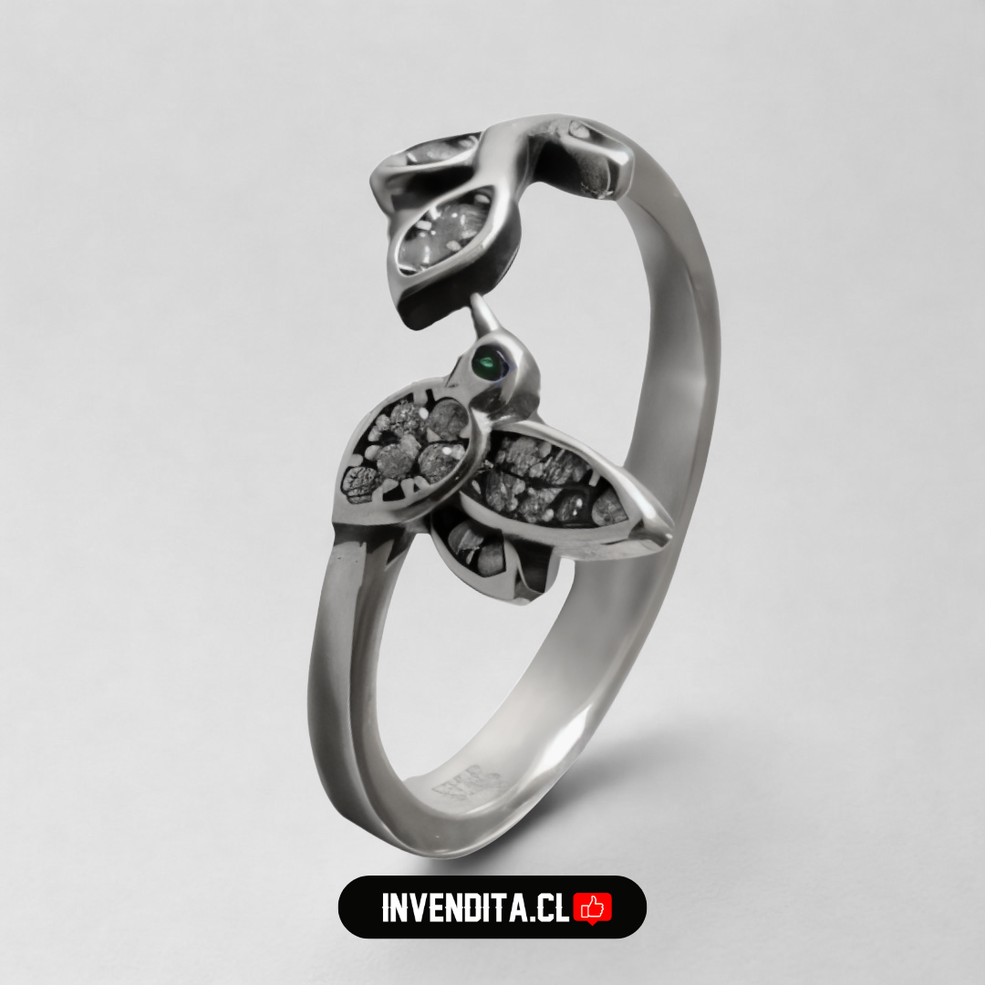 Anillo de plata 925 colibrí con pequeñas hojas y circones