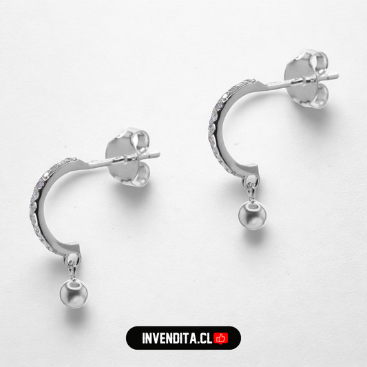 Aros de plata 925 semi argollas con circones y esfera lisa colgante