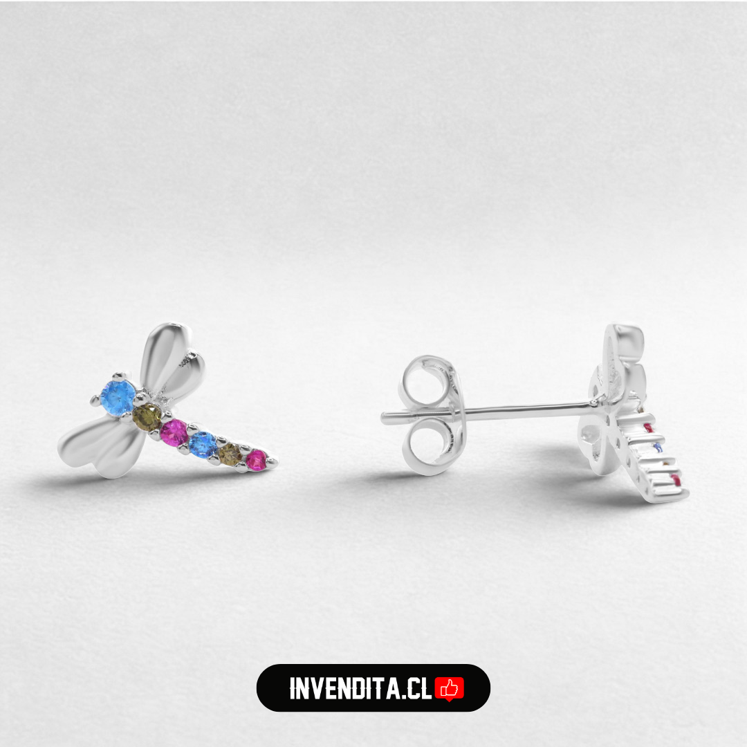 Aros de plata 925 diseño libélula con circones de colores