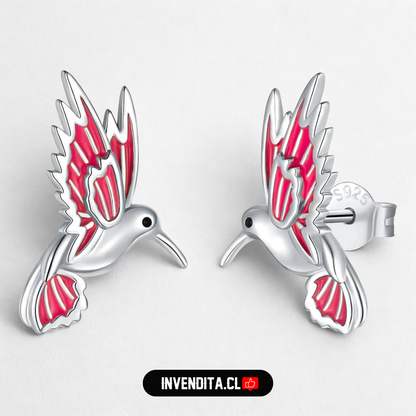 Aros de plata 925 diseño colibrí con alas rosadas