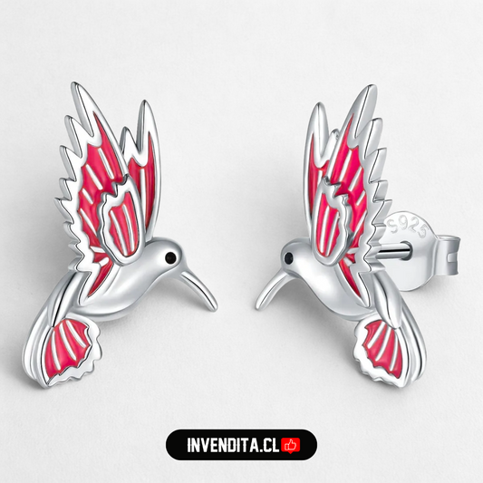 Aros de plata 925 diseño colibrí con alas rosadas