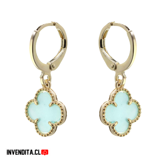 Aros enchapados en oro argollas con placa flor verde turquesa