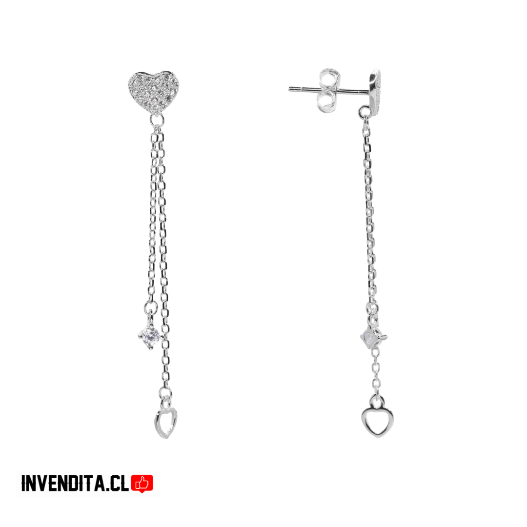 Aros de plata 925 diseño corazones con circones doble cadena